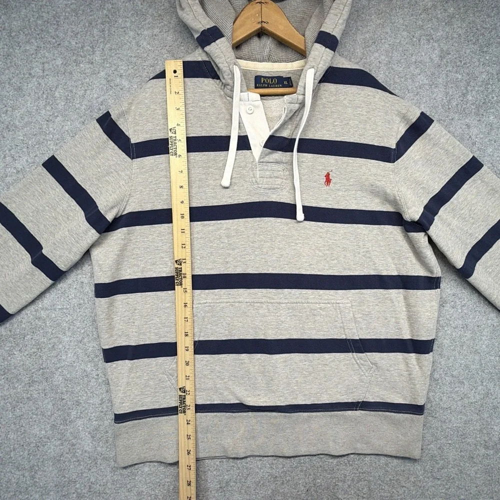 Polo Ralph Lauren Gray Blue Striped Rugby Hoodie Polo Shirt Long Sleeve Men XL